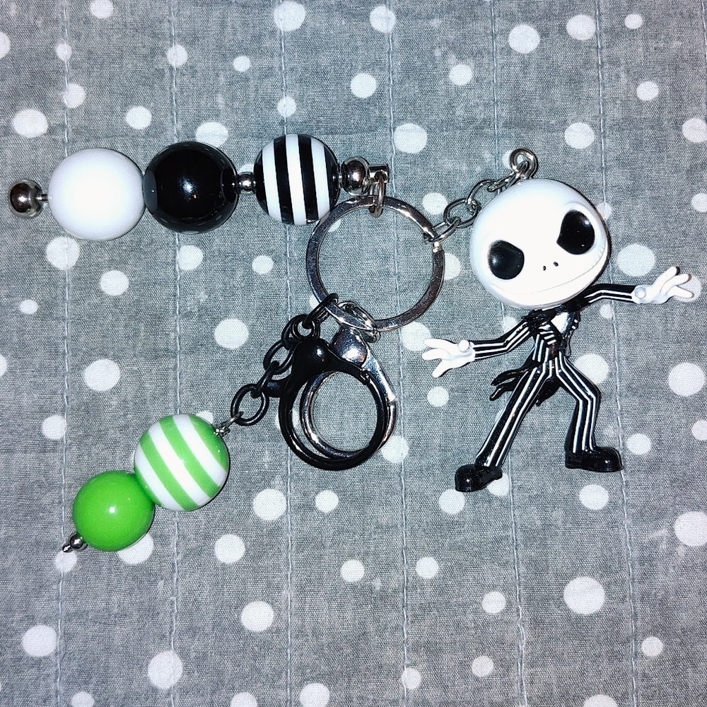 Jack Nightmare Before Christmas Black White Lime Green Keychain.